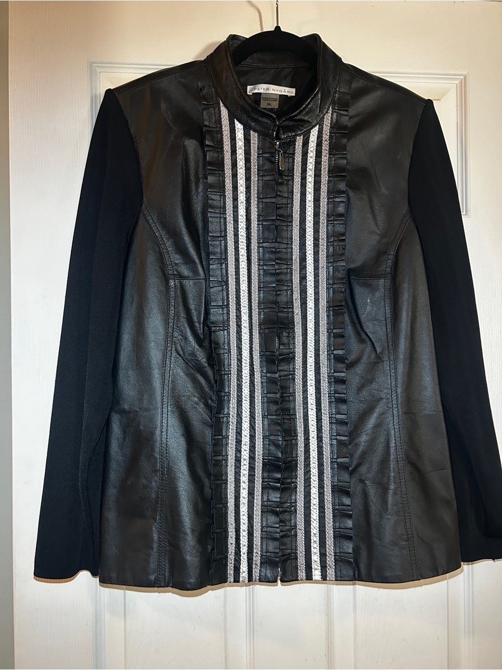 Peter Nygard Vintage Black Leather and Knit Ruffled Zip Jacket XL